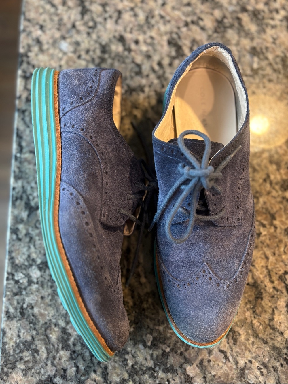 Cole Hann womens Suede Wingtip Oxfords with Teal Platform Sole